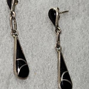 Black Teardrop Dangle Earrings with Silver Accents